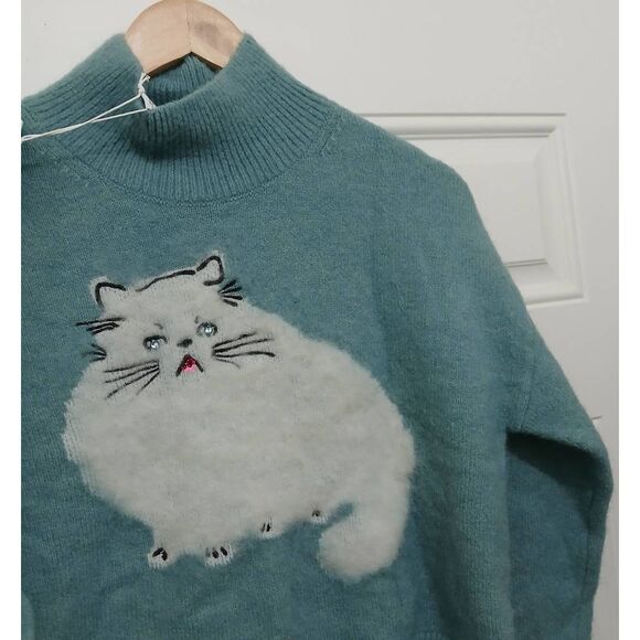 And other stories womens small cat lover sweater mockneck alpaca spruce green - Picture 3 of 8